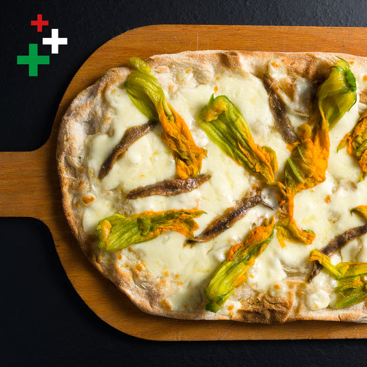 Pizza alla pala fiori di zucca e acciughe